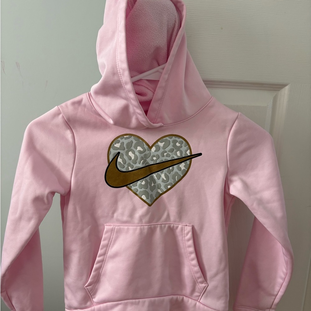 girls. Nike Pink snow leopard Heart Hoodie with Gold